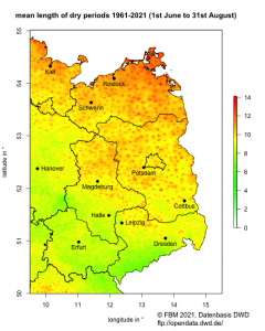 Dauer von sommerlichen Trockenperioden im östlichen Deutschland zwischen 1961 und 2020