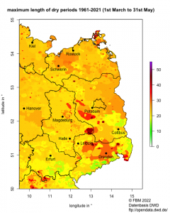 Dauer von Trockenperioden im Frühjahr im östlichen Deutschland zwischen 1961 und 2020